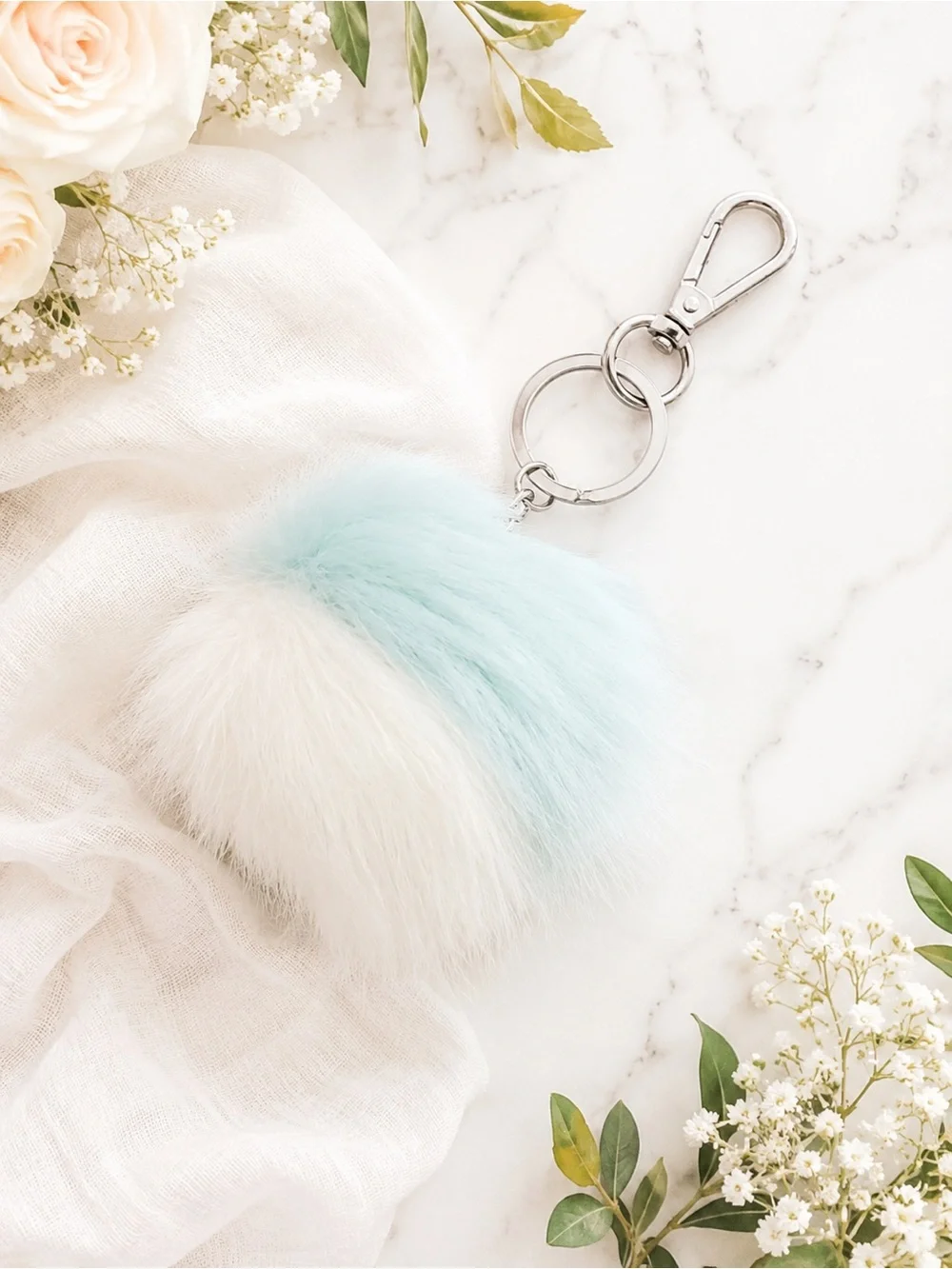 LC Lauren Conrad Blue White Faux Fur Pom Pom Keychain Bag Charm Y2K Coquette NWT